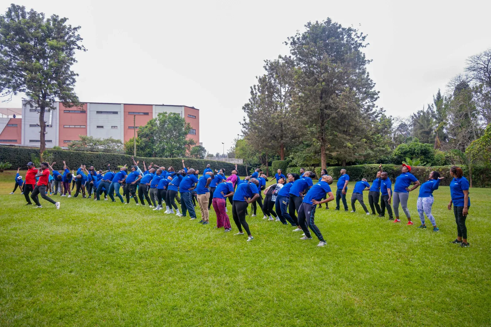 Participants moving together across a grassy field